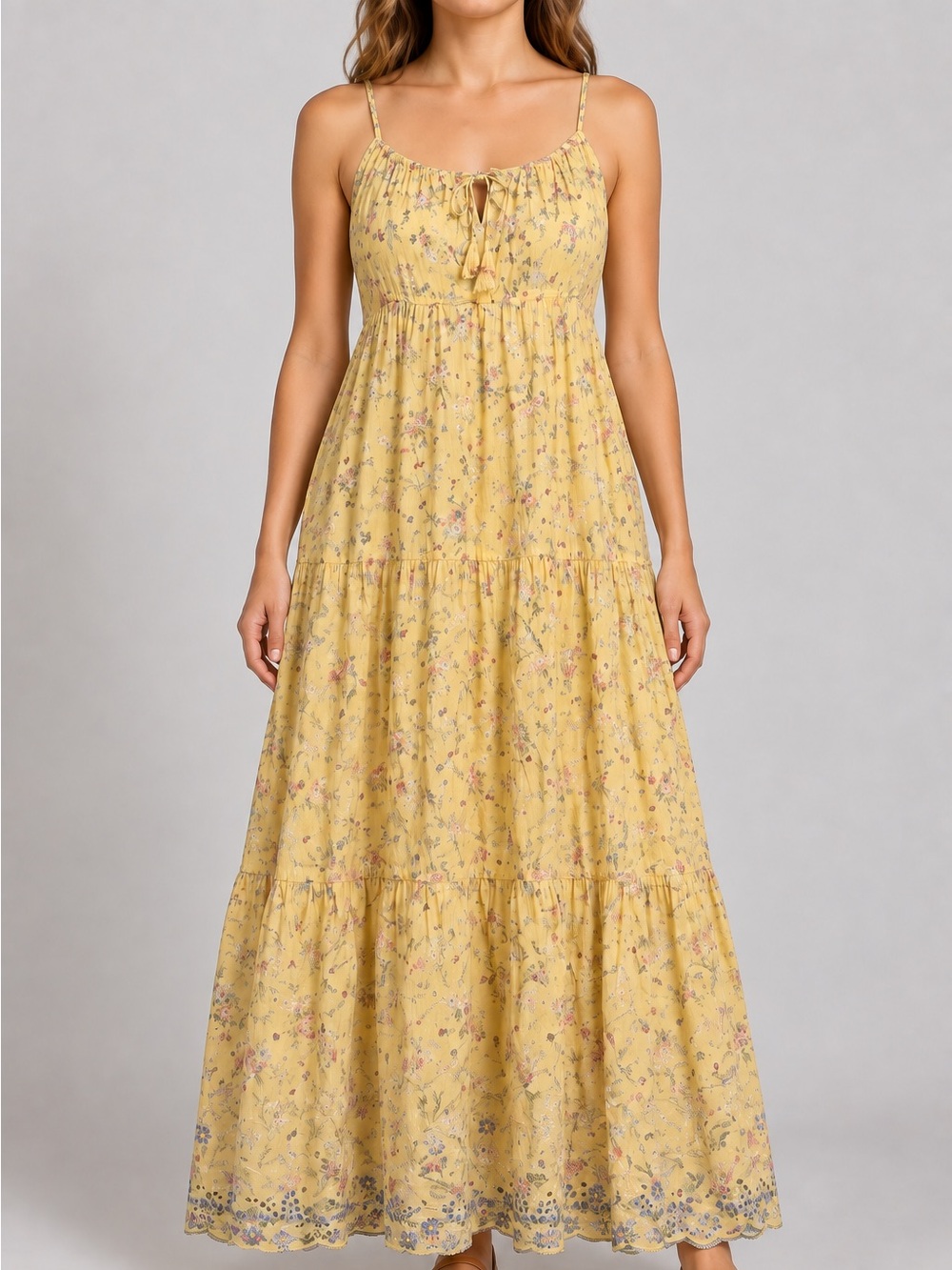 Lucky Brand Womens Tiered Maxi Dress Yellow Sunny Floral Print Sleeveless XL